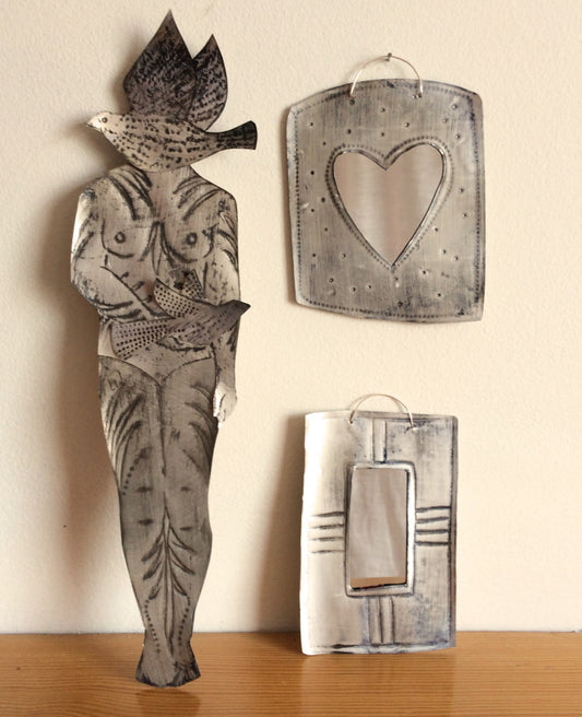 Handmade Recycled Aluminum Heart Mirror, Silver Wire Detail