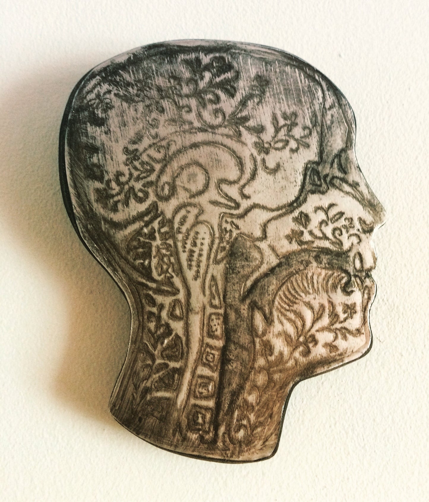 Etched Floral Human Head Art – Recycled Aluminum Patina