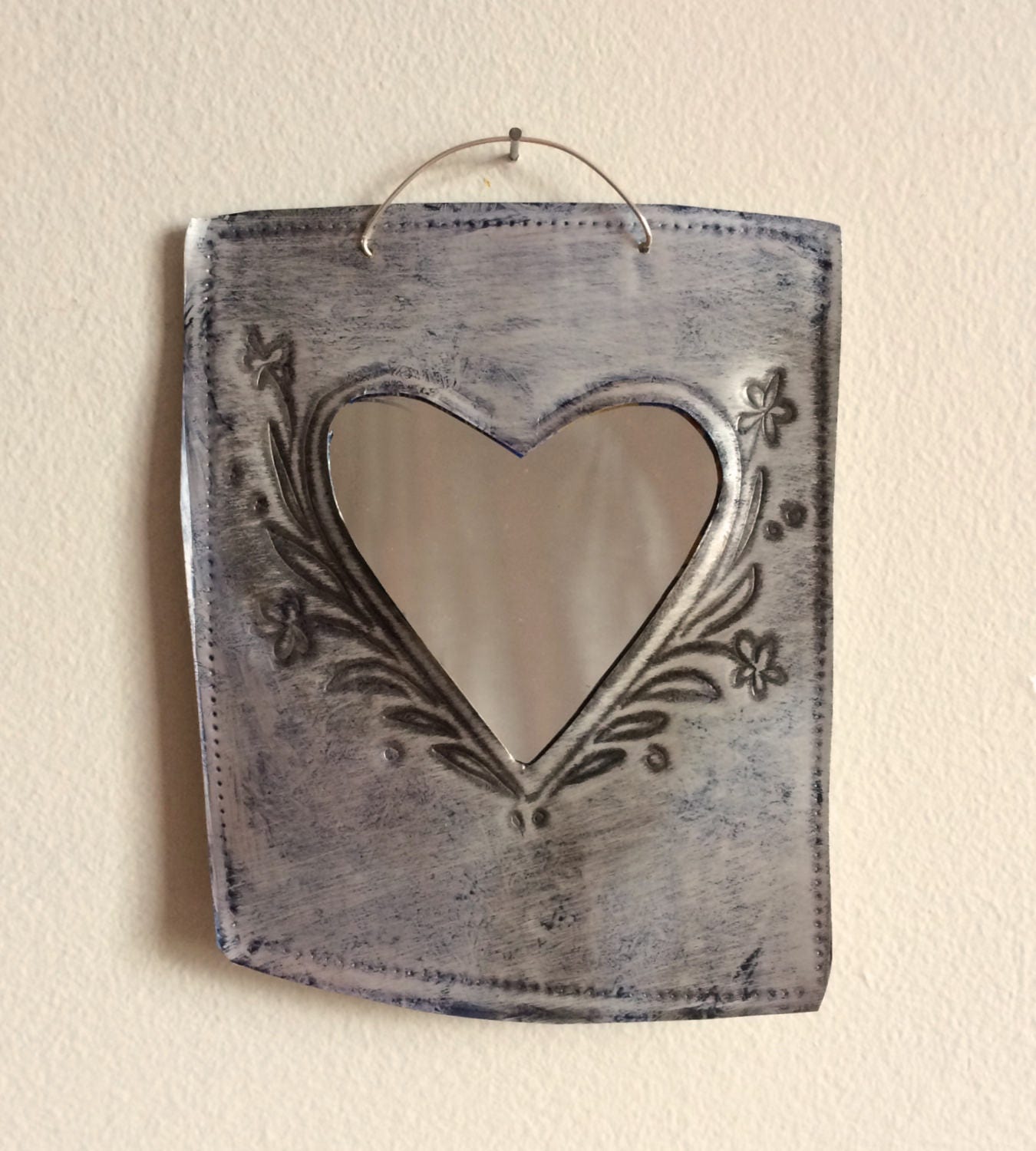 Hand-Stamped Tin Heart Mirror – Floral Recycled Aluminum