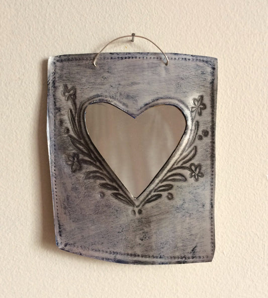 Hand-Stamped Tin Heart Mirror – Floral Recycled Aluminum