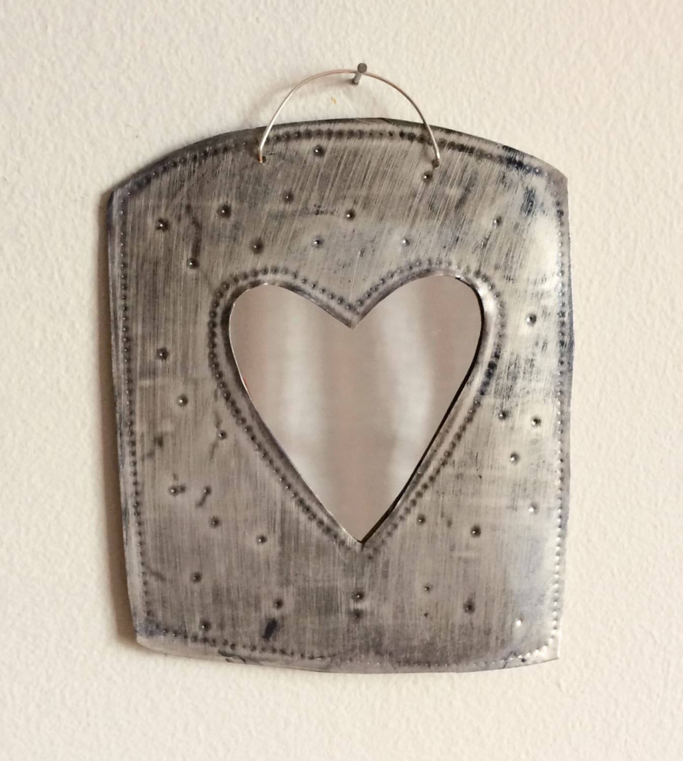 Handmade Recycled Aluminum Heart Mirror, Silver Wire Detail