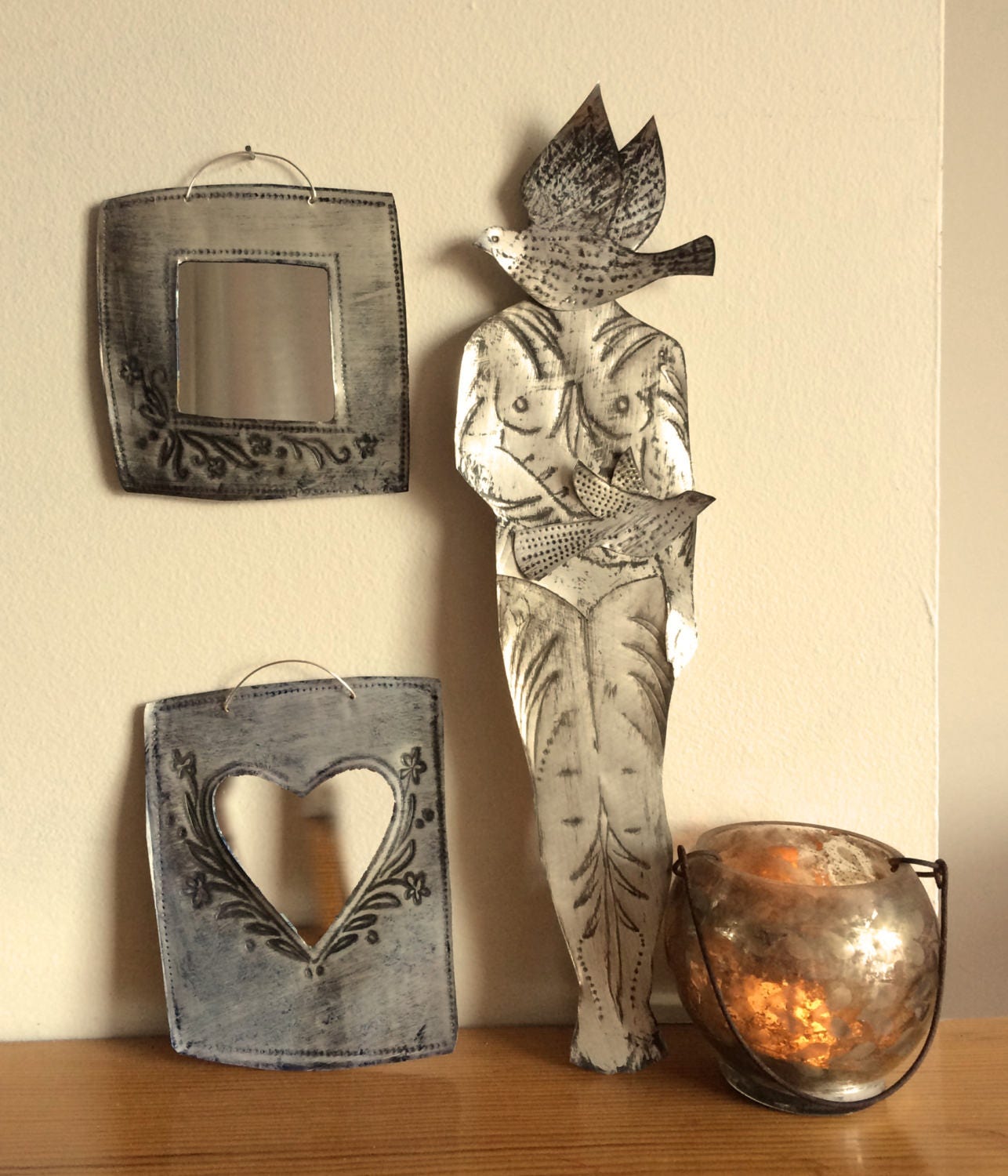 Hand-Stamped Tin Heart Mirror – Floral Recycled Aluminum
