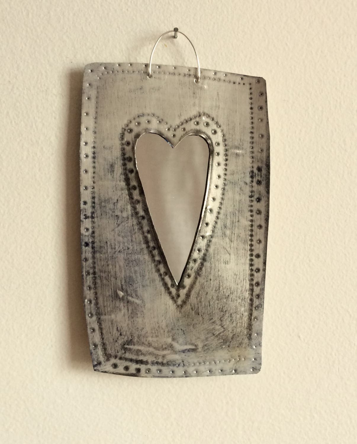 Small recycled tin heart mirror, handmade (please read the full description!)