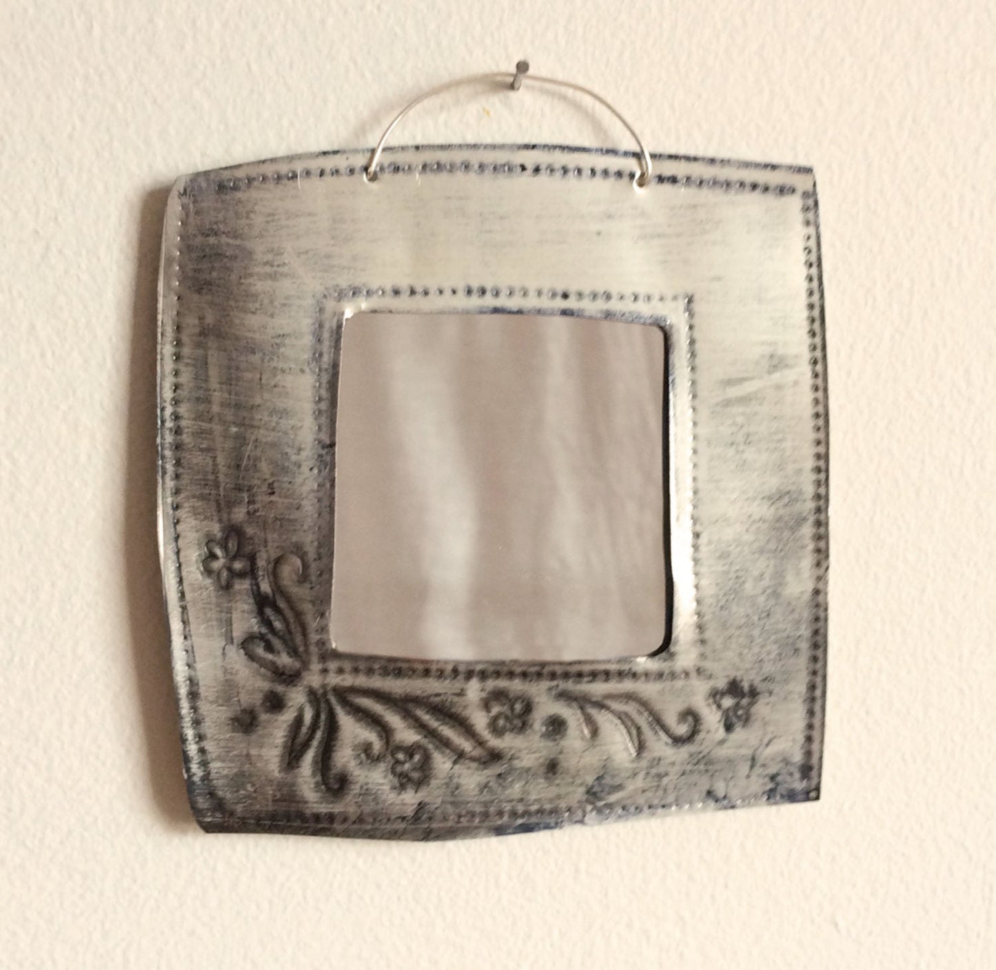 Handmade Recycled Aluminum Mirror, Floral Design, 4x4.5
