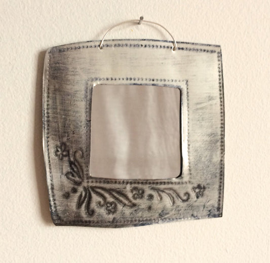 Handmade Recycled Aluminum Mirror, Floral Design, 4x4.5