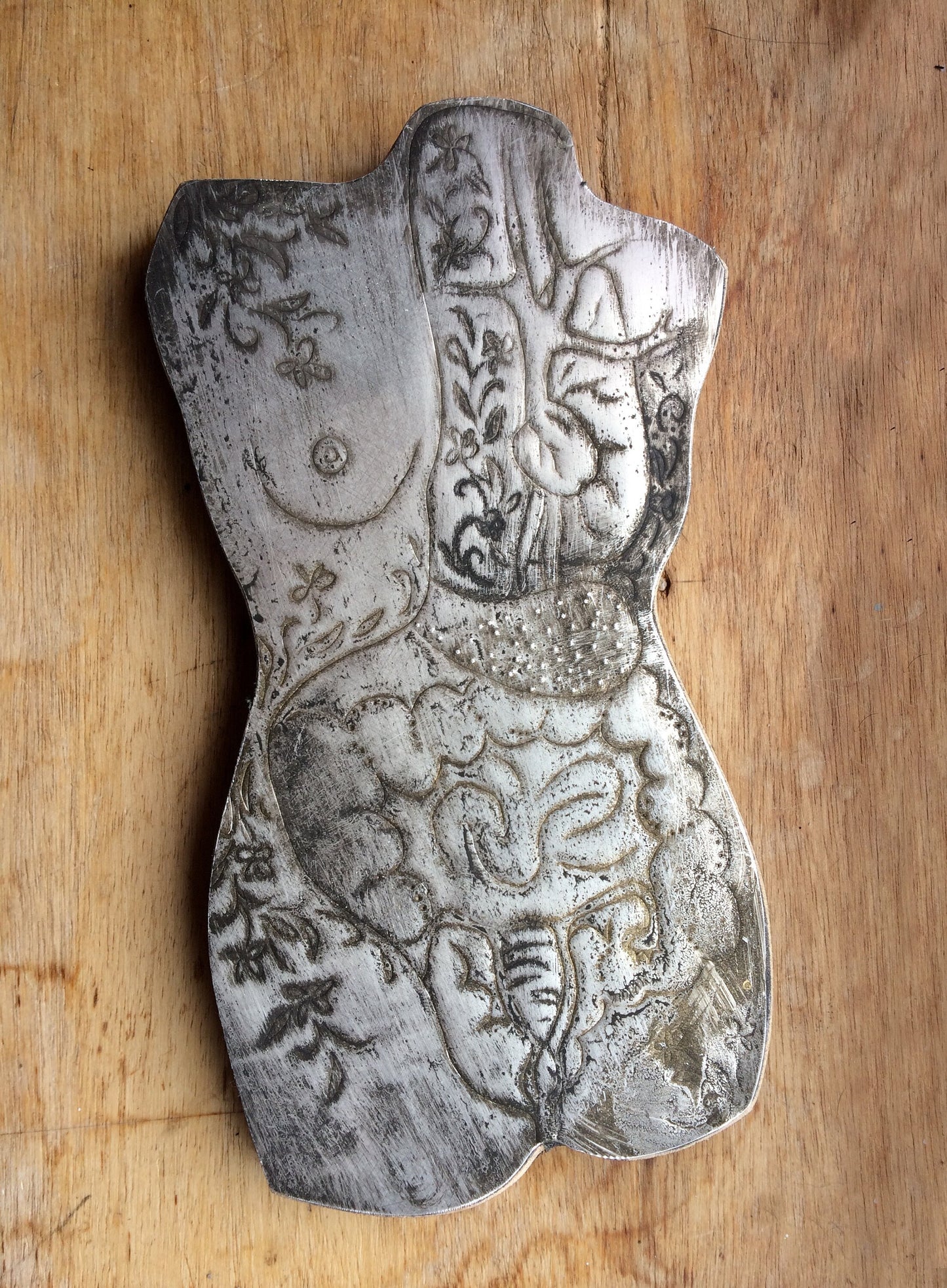 Etched Metal Human Torso Art, Recycled Aluminum Anatomy Decor