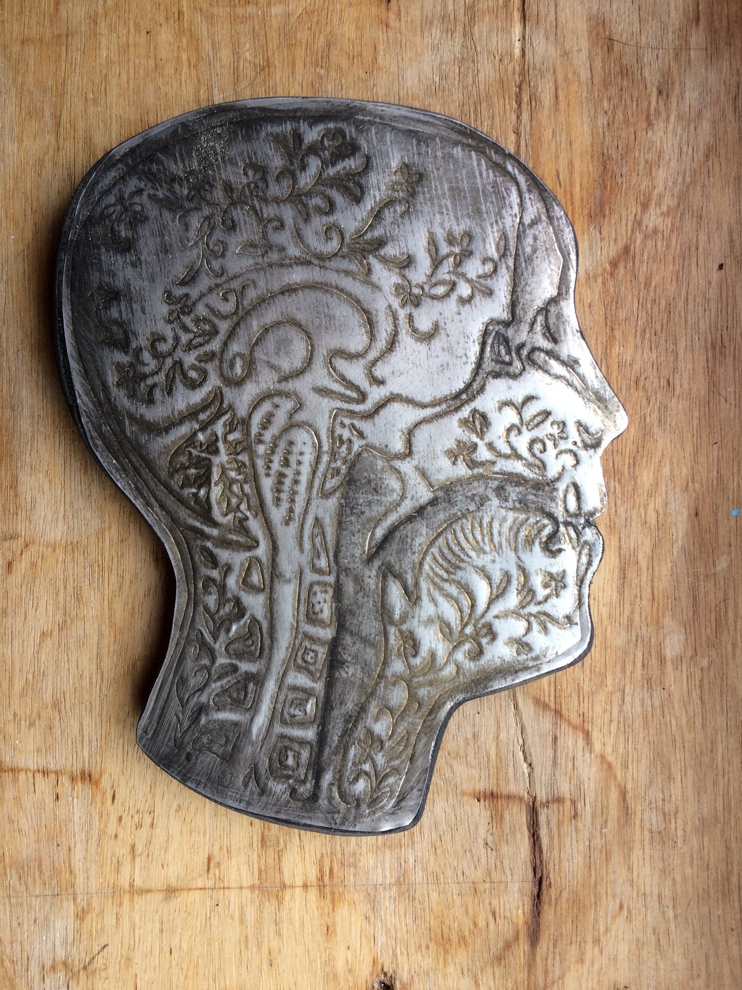 Etched Floral Human Head Art – Recycled Aluminum Patina