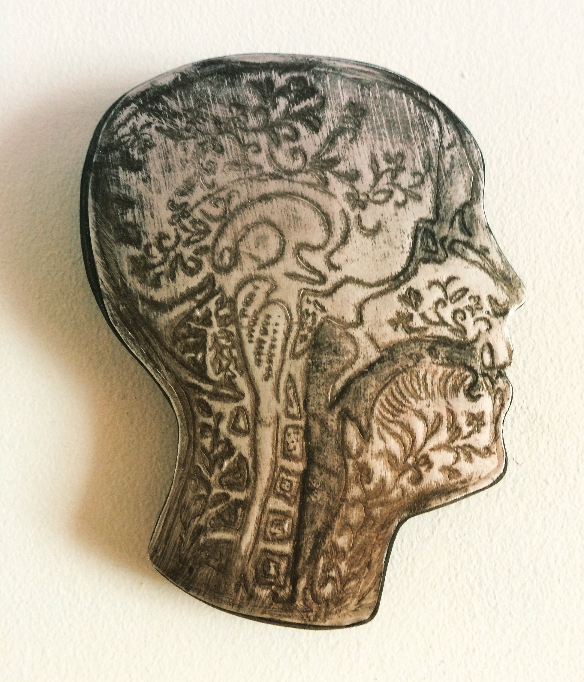 Etched Floral Human Head Art – Recycled Aluminum Patina