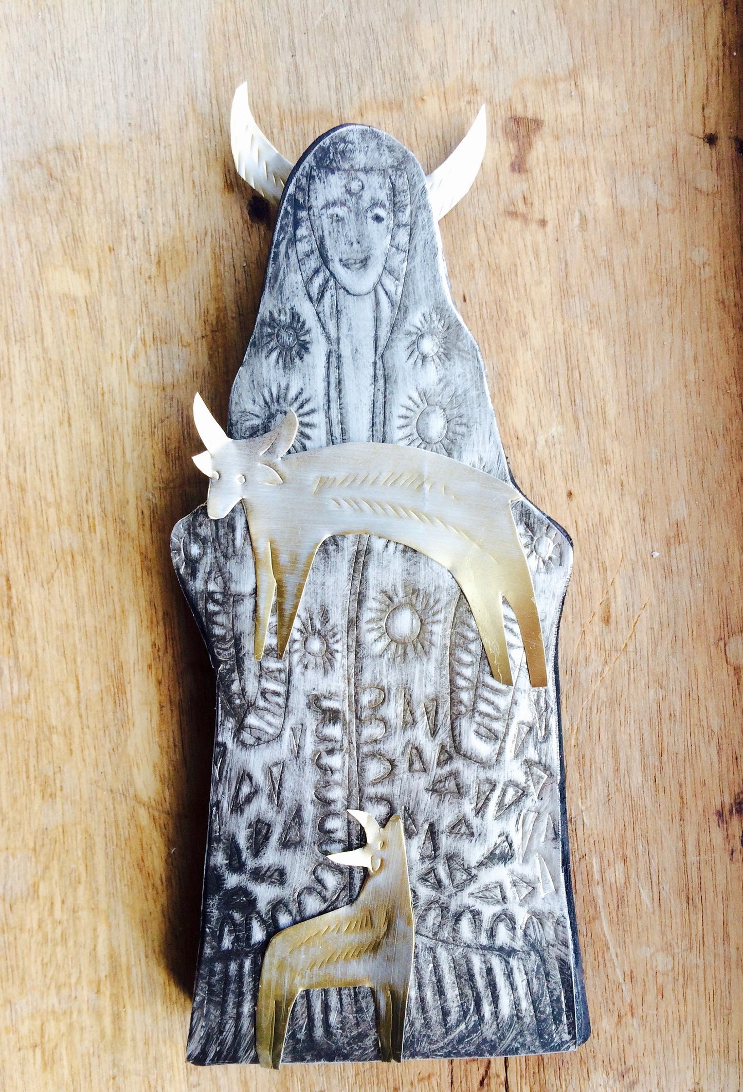 Handmade Recycled Aluminum Icon - Horned Figure with Golden Goats