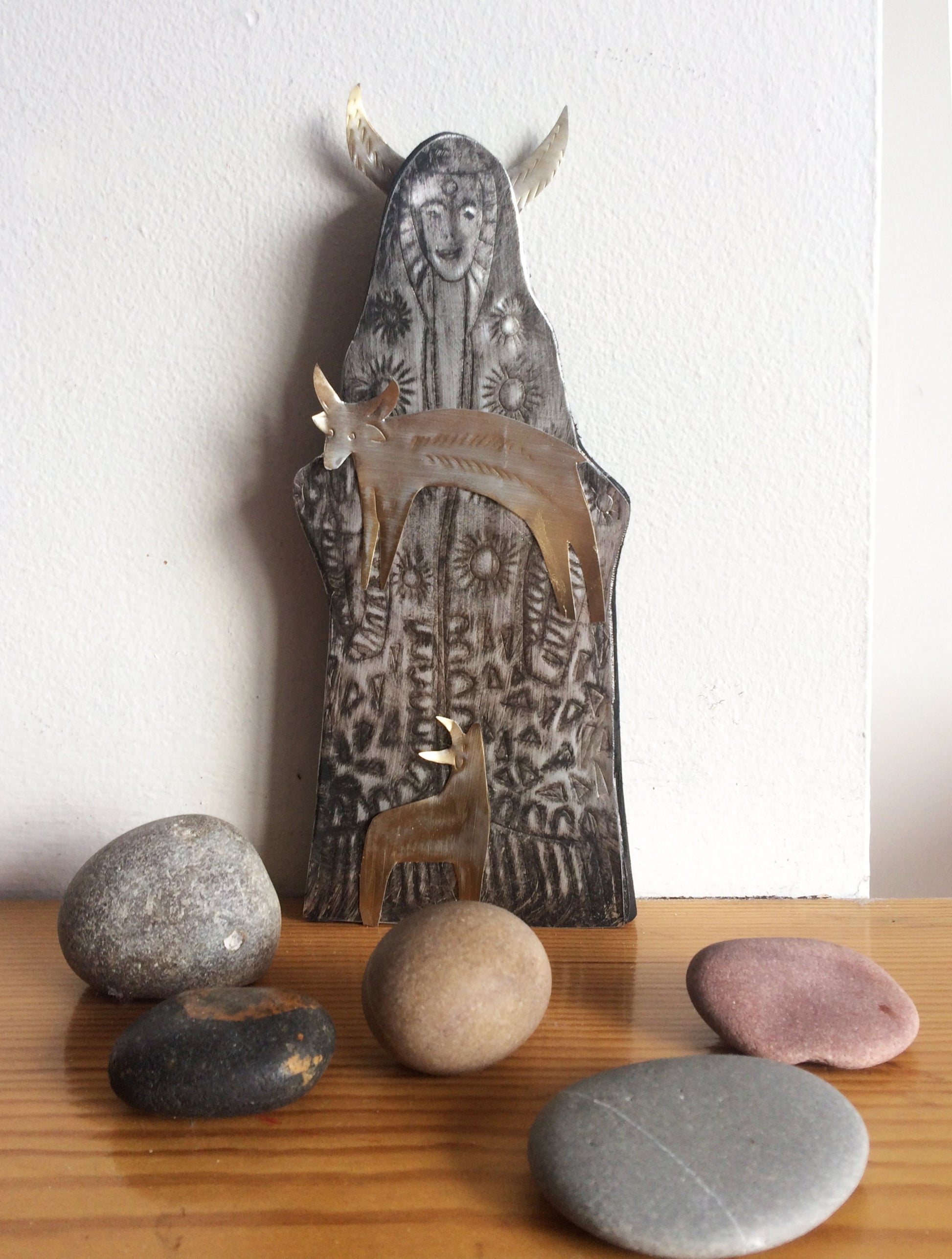 Handmade Recycled Aluminum Icon - Horned Figure with Golden Goats