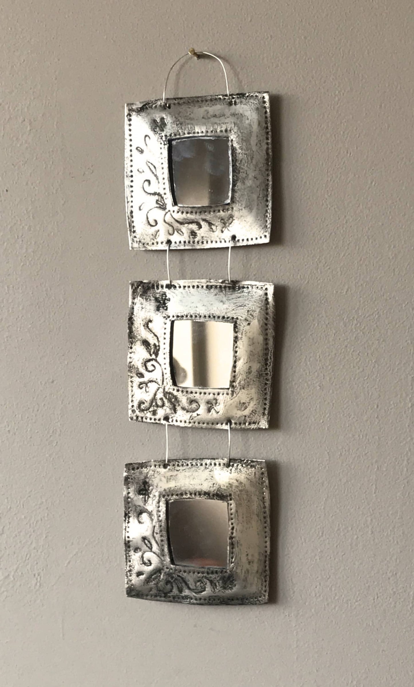Handmade Recycled Aluminum Triple Mirror, Patina Briar Design