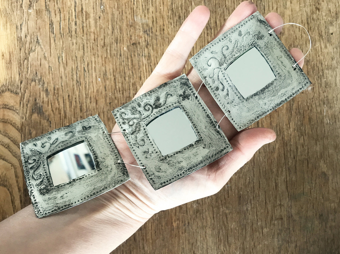 Handmade Recycled Aluminum Triple Mirror, Patina Briar Design