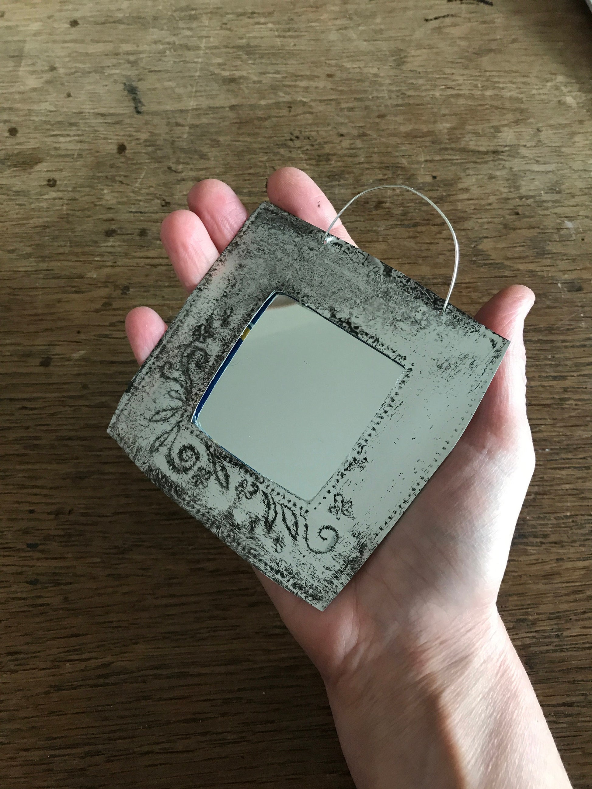 Handmade Recycled Aluminum Mirror, Floral Design, 4x4.5