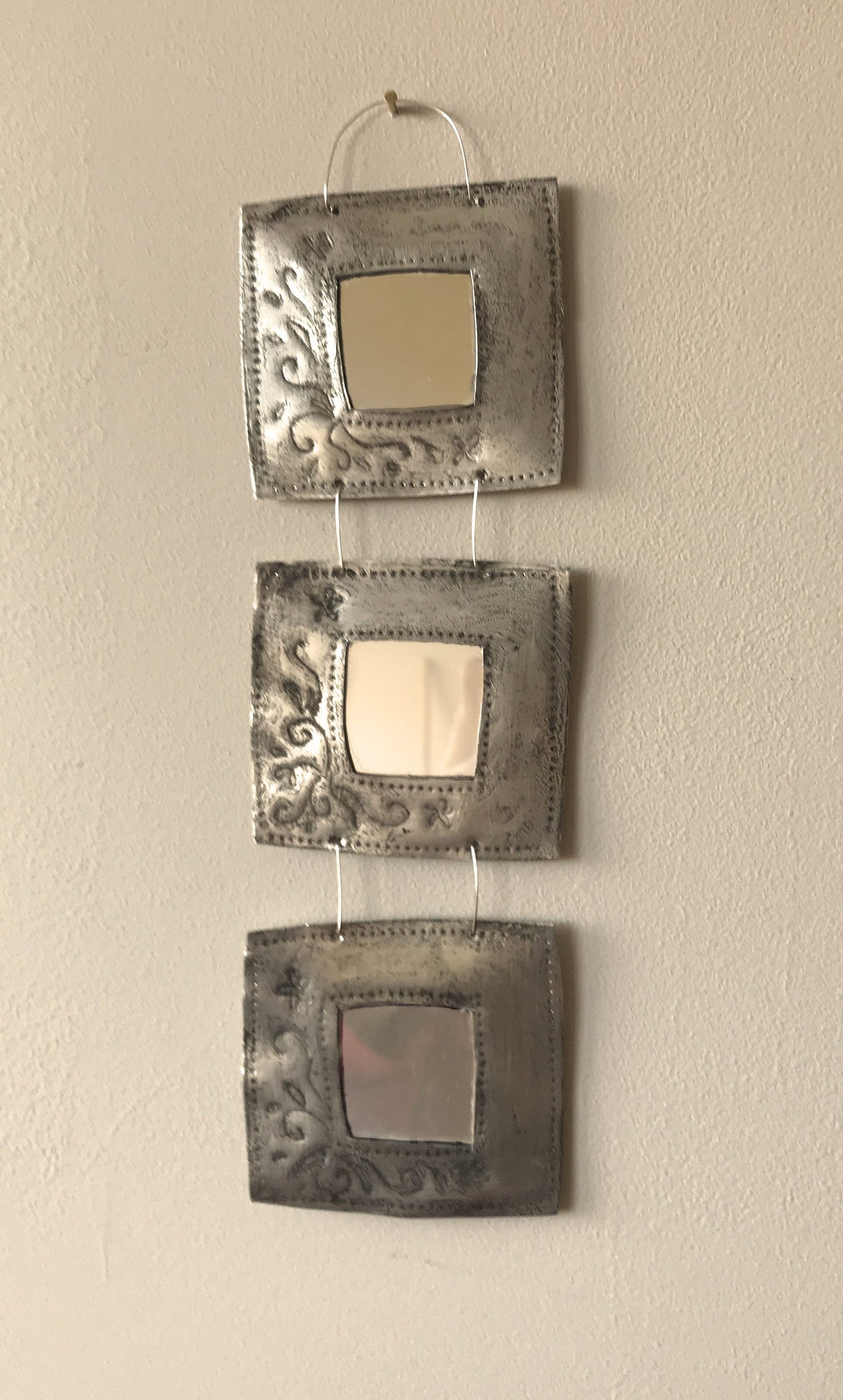 Handmade Recycled Aluminum Triple Mirror, Patina Briar Design