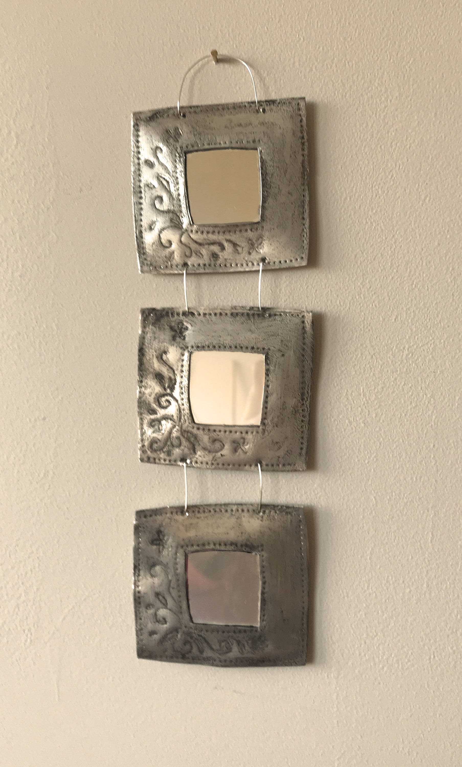 Handmade Recycled Aluminum Triple Mirror, Patina Briar Design