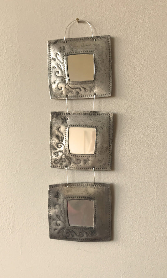 Handmade Recycled Aluminum Triple Mirror, Patina Briar Design