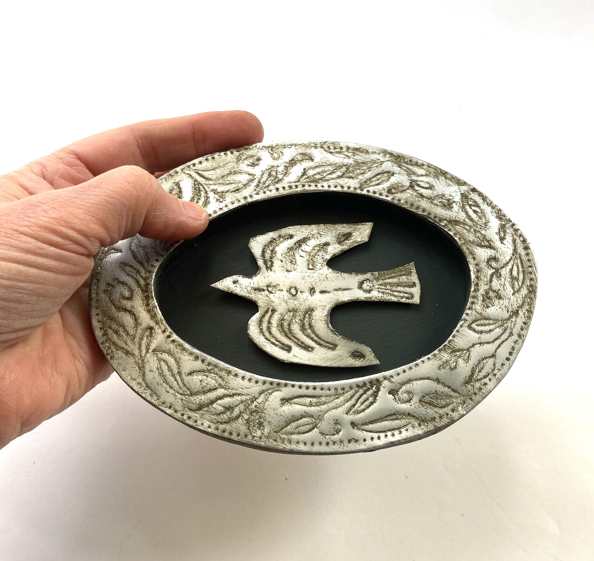 Etched Metal Bird in Embossed Silver Frame, Recycled Materials