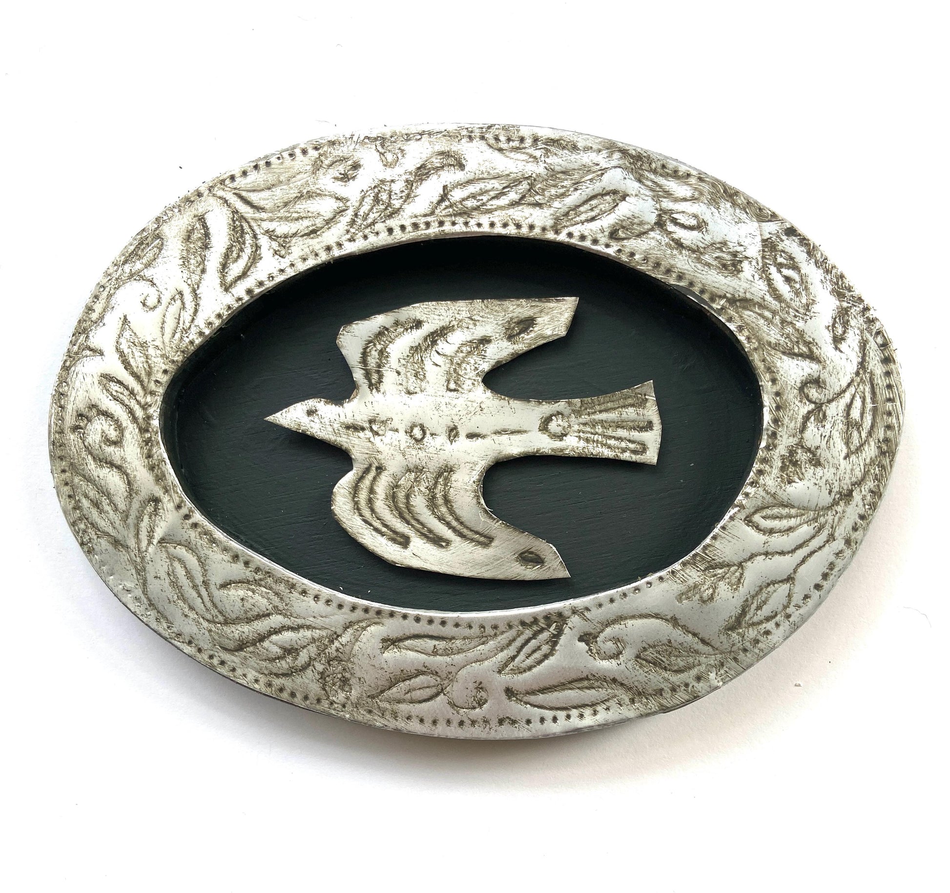Etched Metal Bird in Embossed Silver Frame, Recycled Materials