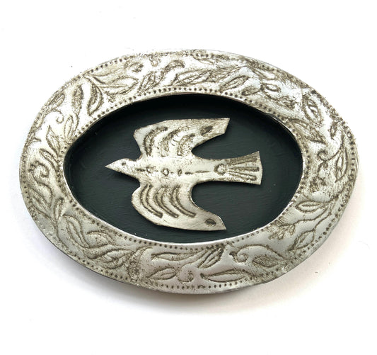 Etched Metal Bird in Embossed Silver Frame, Recycled Materials
