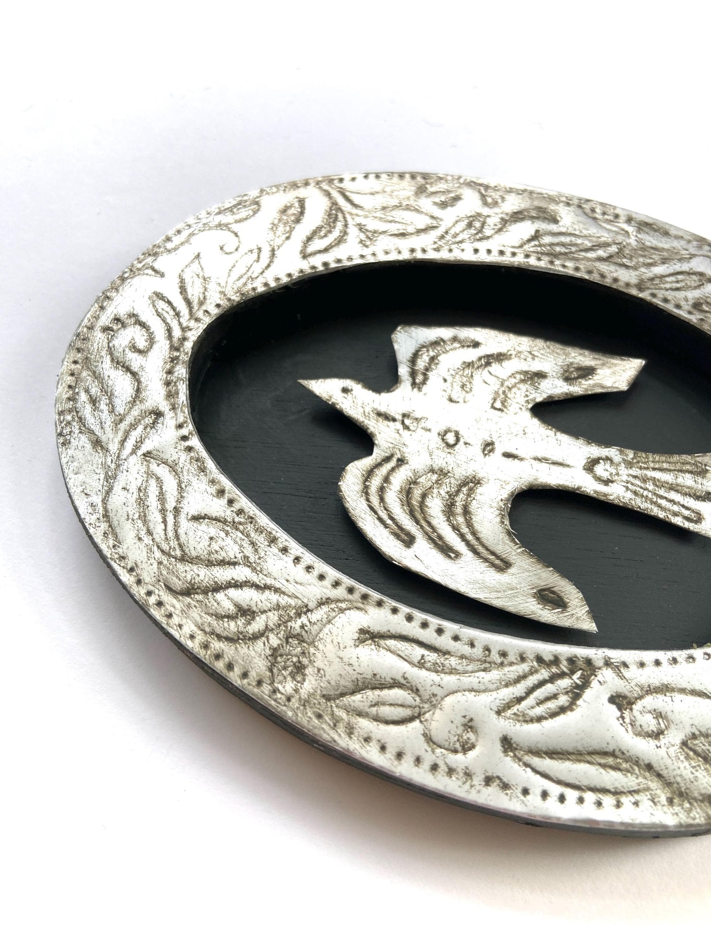 Etched Metal Bird in Embossed Silver Frame, Recycled Materials