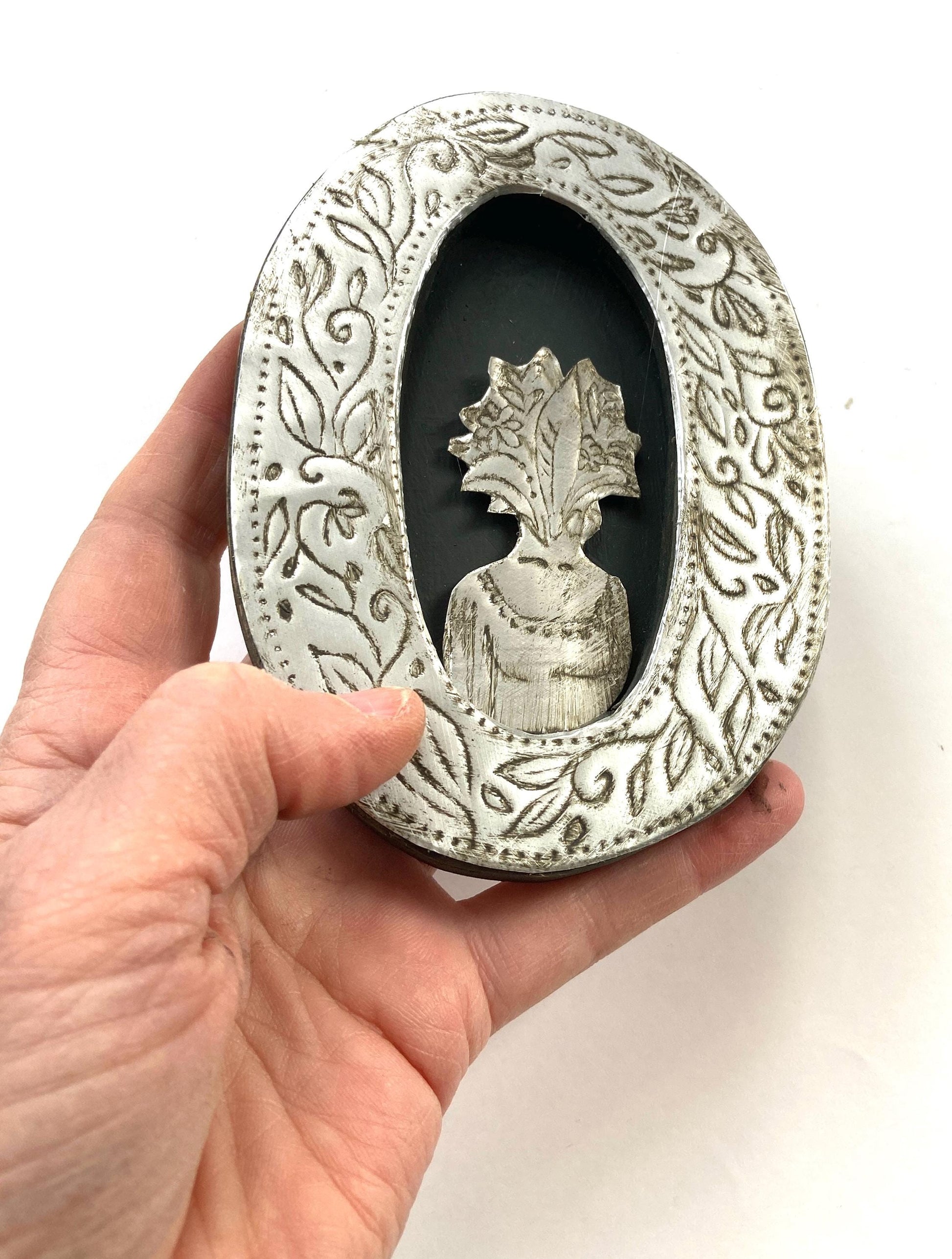 Etched Metal Floral Ancestor Art, Recycled Materials