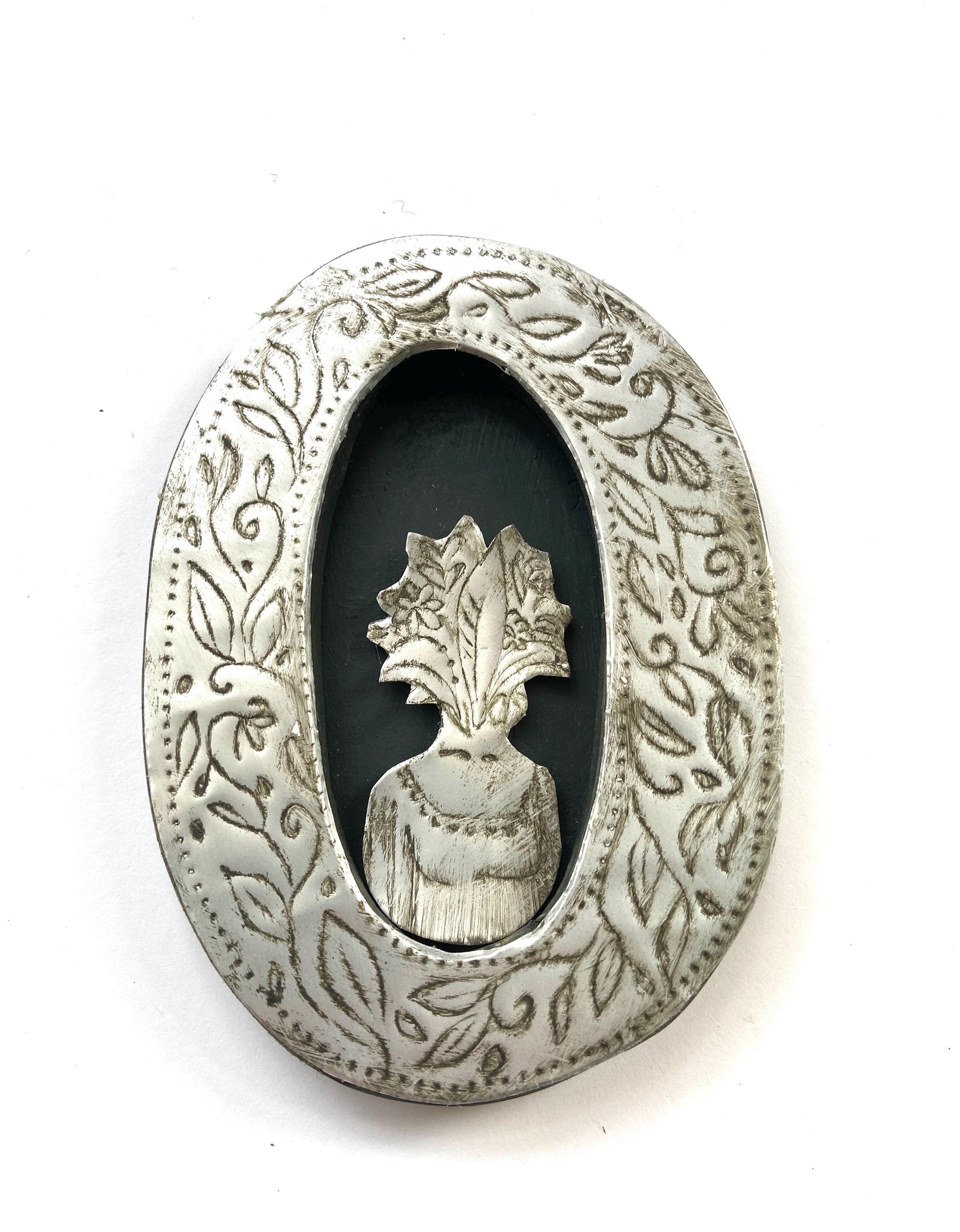 Etched Metal Floral Ancestor Art, Recycled Materials