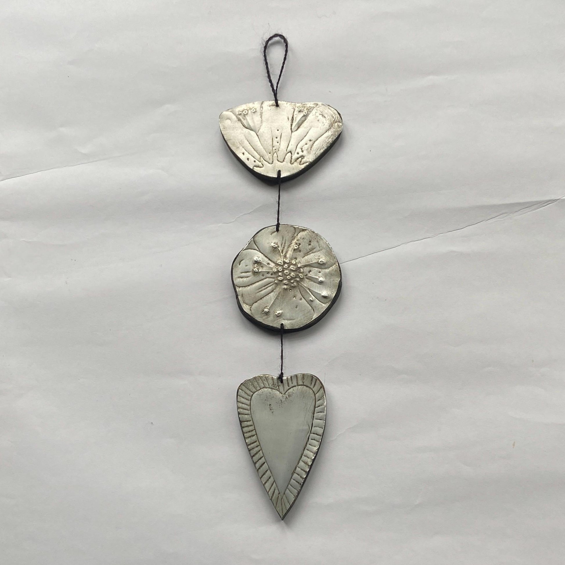 Hearts and flowers, recycled metal and wood wall hanging