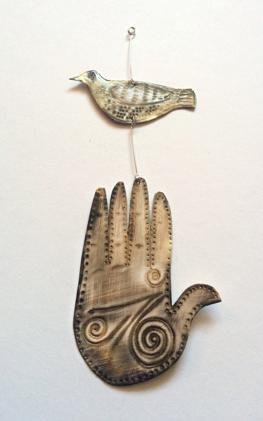 Recycled Aluminum Bird and Hand Lucky Charm – Intentions & Plans