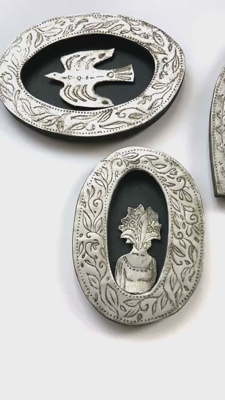 Etched Metal Bird in Embossed Silver Frame, Recycled Materials